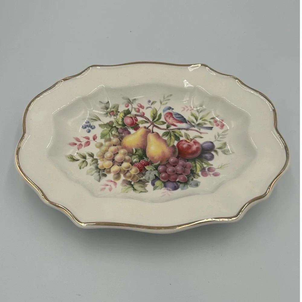 Avon 1976 Enoch Wedgwood Fruit Bird Trinket Dish 22K Gold Trim England 9‎ Inch